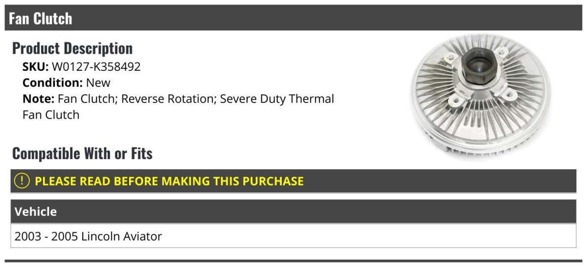 Fan Clutch For 2003 To 2005 Lincoln Aviator Reverse Rotation Severe Duty Thermal W0127-k358492