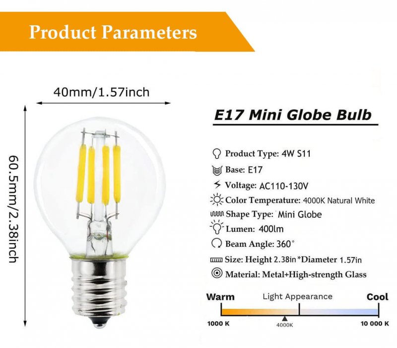 2 Pack E17 S11 Led Light Bulbs 4w 40 Watt Equivalent Mini Globe Natural White 4000k 400 Lumen Non Dimmable For Desk Lamp
