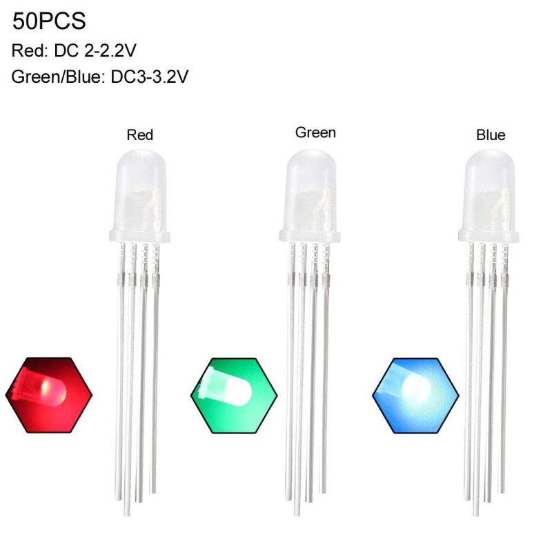 50 Pcs 5mm Rgb Led Diode Lights Tricolor Multicolor Red Green Blue 4 Pin Common Cathode Lighting Electronics Components Light