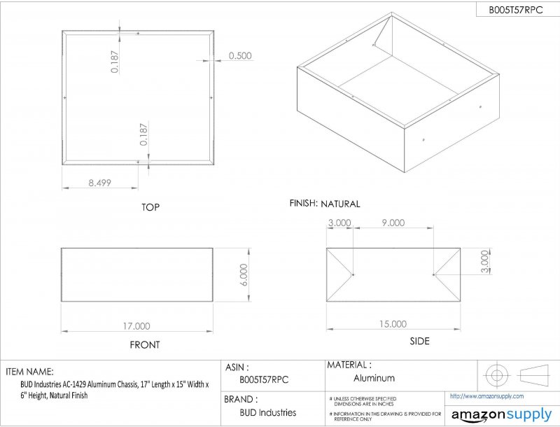 Bud Industries Ac-1429 Aluminum Chassis 17 L X 15 W 6 H Natural