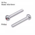 Uxcell M3x18mm Machine Screws Pan Phillips Cross Head Screw 304 Stainless Steel Fasteners Bolts 30pcs