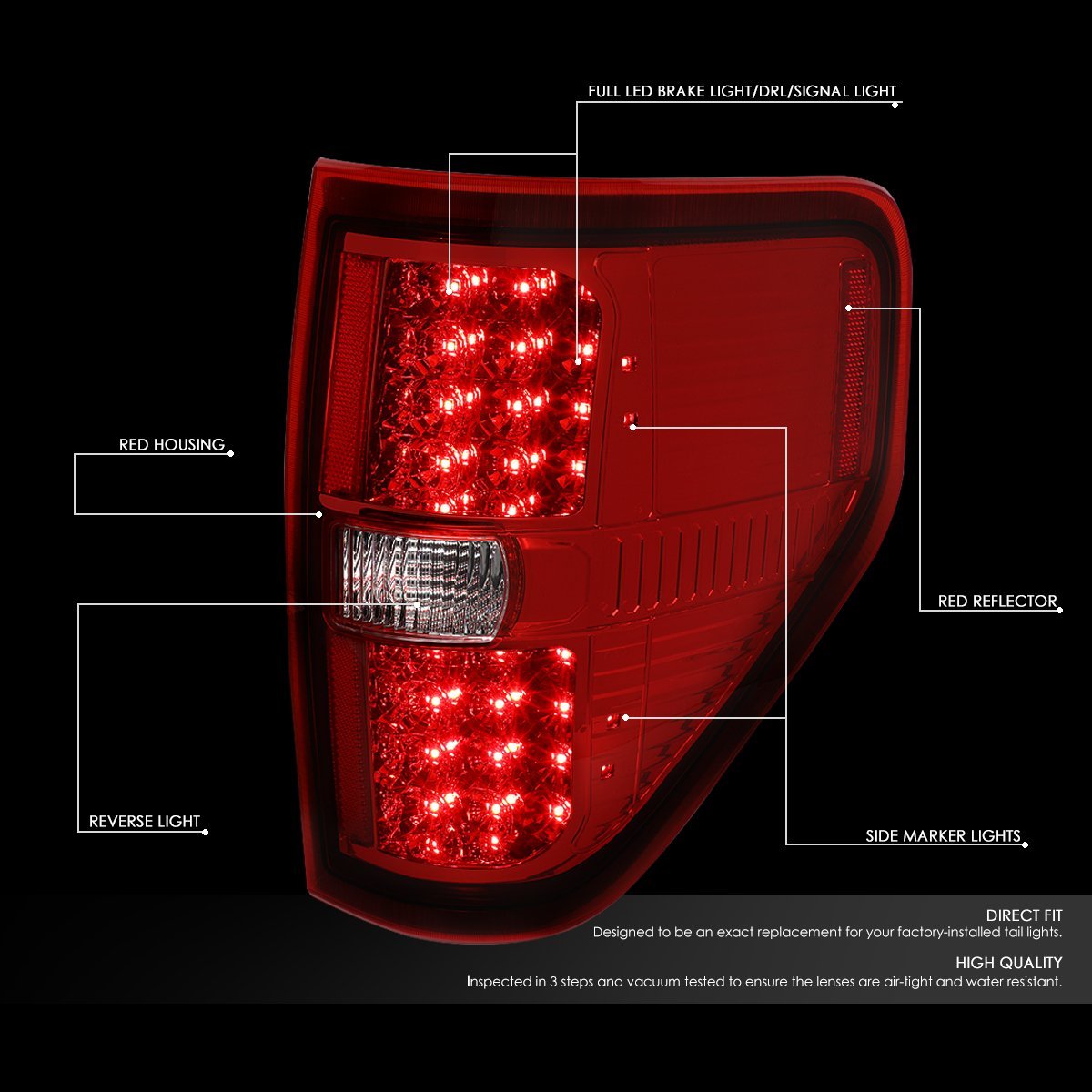 Auto Dynasty Tail Lights For 2009-2014 Ford F150 Driver And Passenger Side Full Led Brake Lamps Replacement Chrome Housing Red