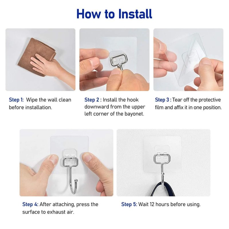 Clear Adhesive Wall Hooks All Purpose Sticky Extra Large Transparent Heavy Duty Waterproof Rustproof Hanging -10 Pack 22lb Max