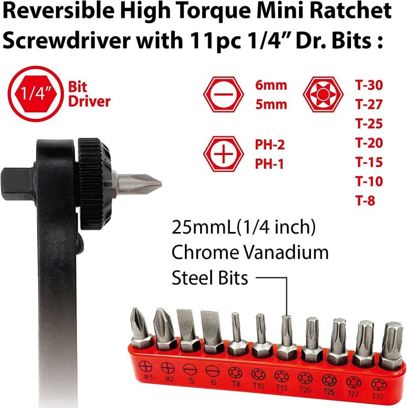 Bht-17htrs01r Mini Ratchet Wrench Screwdriver Socket Set 17 Piece 36 Teeth Reversible High Torque 1 4 In Dual Drive Chrome