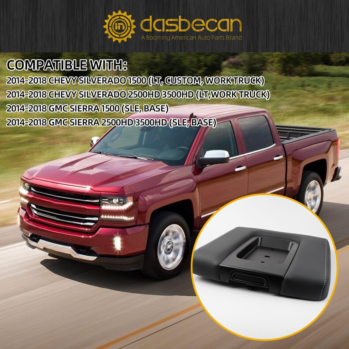 Dasbecan Front Seat Center Console Armrest Lid For 2014-2018 Chevy Chevrolet Silverado Gmc Sierra 1500 2500hd 3500hd Storage