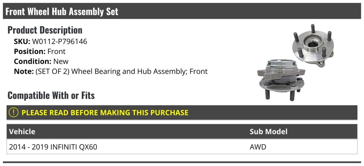 Front Wheel Bearing Hub Assembly Set Of 2 For 2014-2019 Infiniti Qx60 Awd