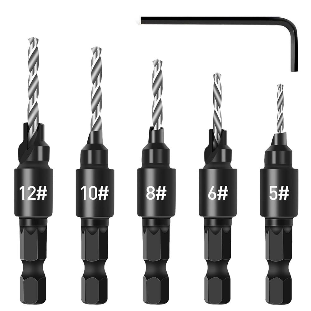 5 Piece Countersink Drill Bit Set For Woodworking 1 4 In Hex Shank Hss Counterbore Hole Bits 6 8 10 12 Sizes 82 Degrees Angle
