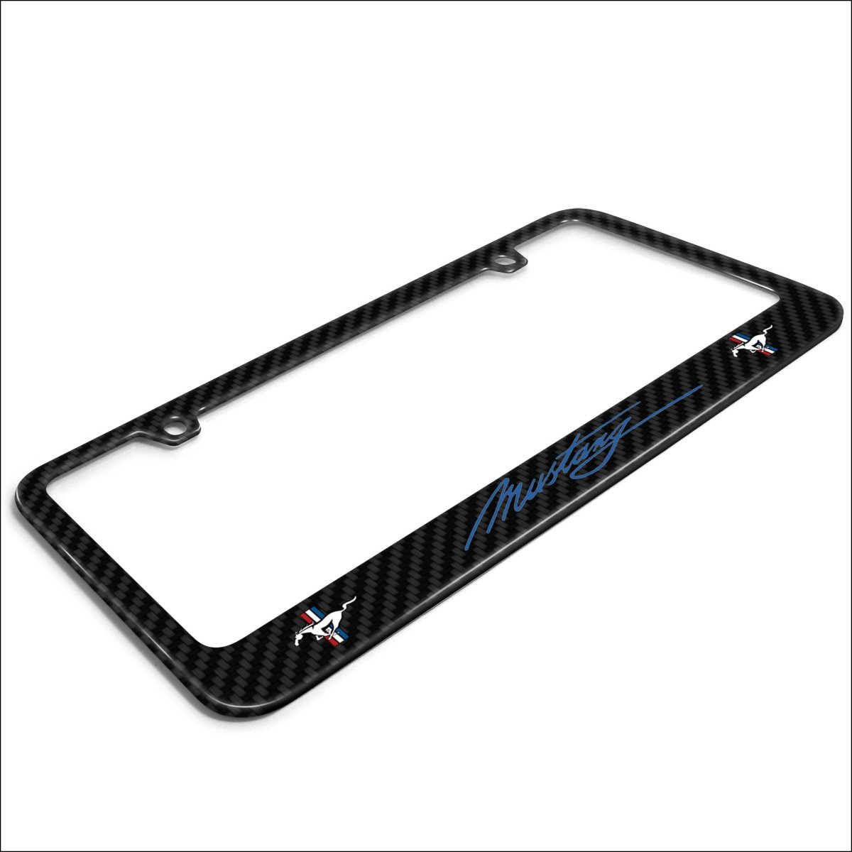 Ford Mustang Script In Blue Dual Logo Real 3k Carbon Fiber License Plate Frame Glossy Finish Black 12in X 6in