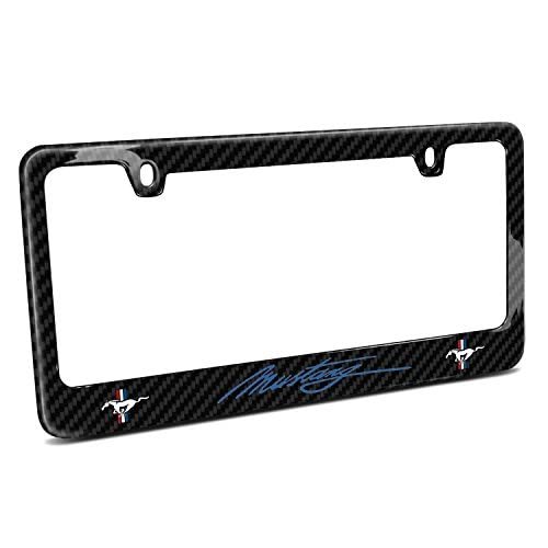 Ford Mustang Script In Blue Dual Logo Real 3k Carbon Fiber License Plate Frame Glossy Finish Black 12in X 6in