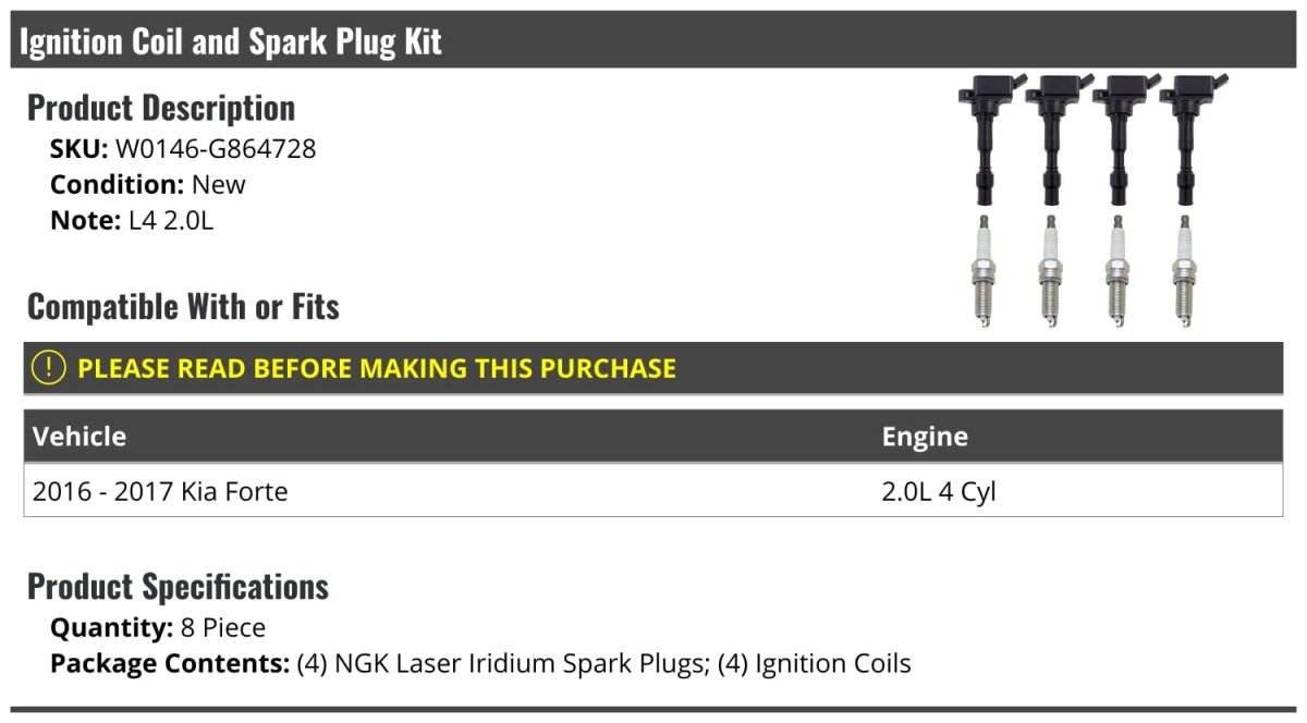 Ignition Coil And Spark Plug Kit 8 Piece For 2016-2017 Kia Forte 2 0l 4-cylinder