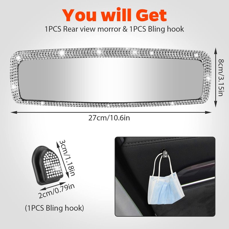 Linkstyle Bling Car Rear View Mirror Crystal Rhinestones Rearview With Glitter Mask Hook Universal Fit Most Vehicles Suv Vans