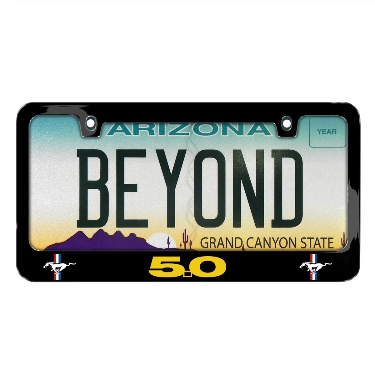 Ford Mustang 5 0 License Plate Frame Yellow Printed Black Metal Official Licensed Universal Fit For Car Suv Truck 12 In X 6