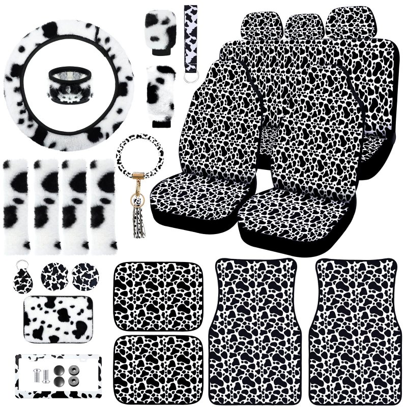 26 Pcs Fluffy Cow Print Car Accessories Seat Covers Full Set Plush Steering Wheel Fuzzy Armrest Belt Pad Headrest Handbrake