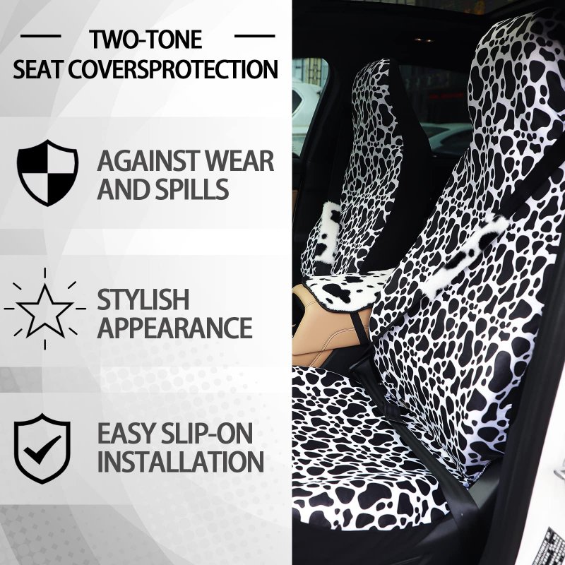 26 Pcs Fluffy Cow Print Car Accessories Seat Covers Full Set Plush Steering Wheel Fuzzy Armrest Belt Pad Headrest Handbrake