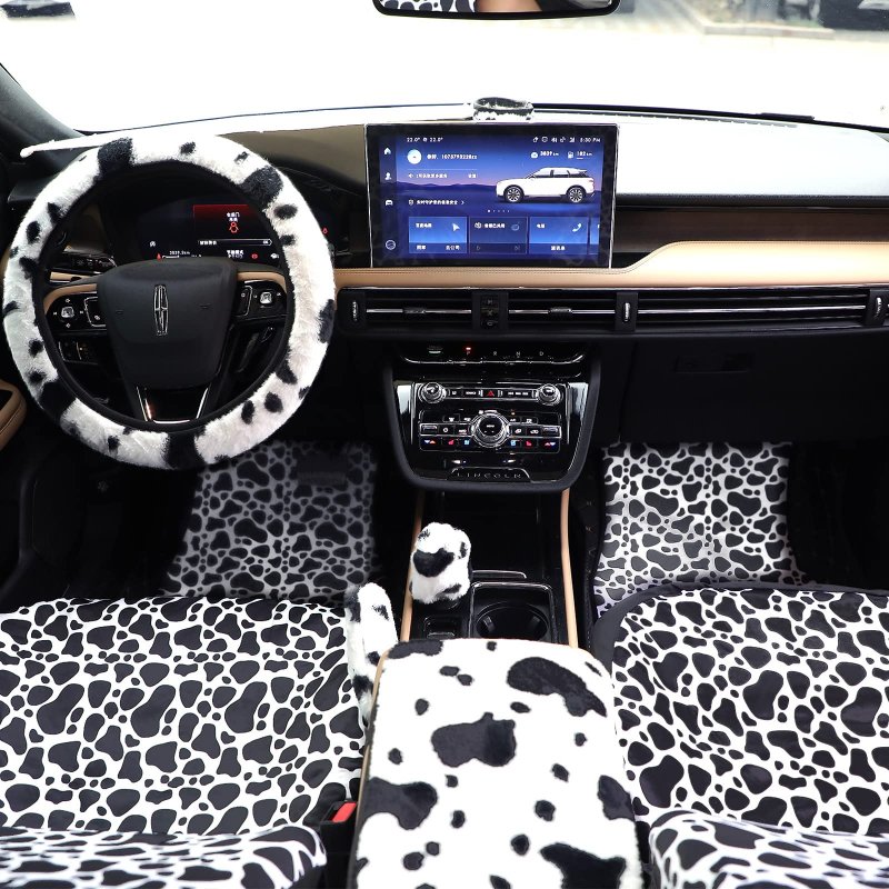 26 Pcs Fluffy Cow Print Car Accessories Seat Covers Full Set Plush Steering Wheel Fuzzy Armrest Belt Pad Headrest Handbrake