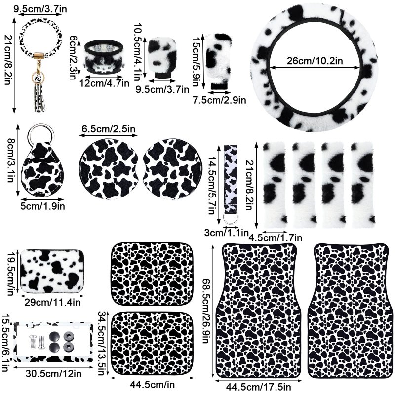 26 Pcs Fluffy Cow Print Car Accessories Seat Covers Full Set Plush Steering Wheel Fuzzy Armrest Belt Pad Headrest Handbrake