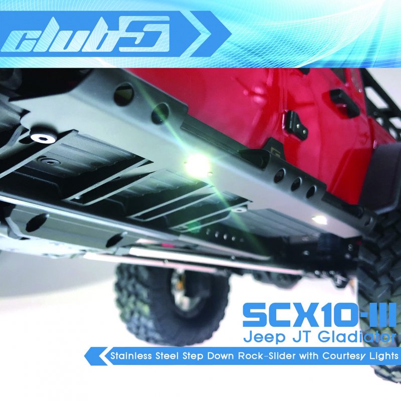 Club 5 Racing Stainless Step Down Rock-slider W Courtesy Lights For Scx10 Iii Jt Gladiator
