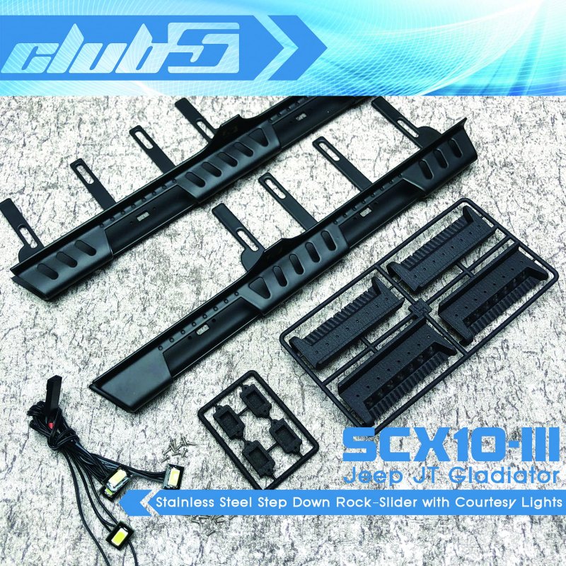 Club 5 Racing Stainless Step Down Rock-slider W Courtesy Lights For Scx10 Iii Jt Gladiator