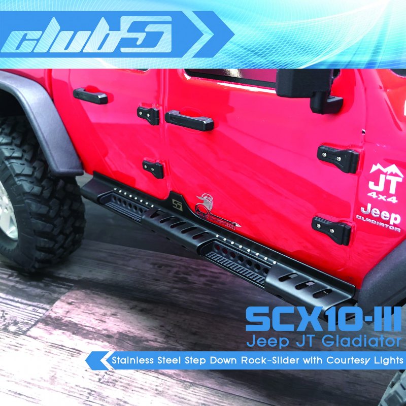 Club 5 Racing Stainless Step Down Rock-slider W Courtesy Lights For Scx10 Iii Jt Gladiator