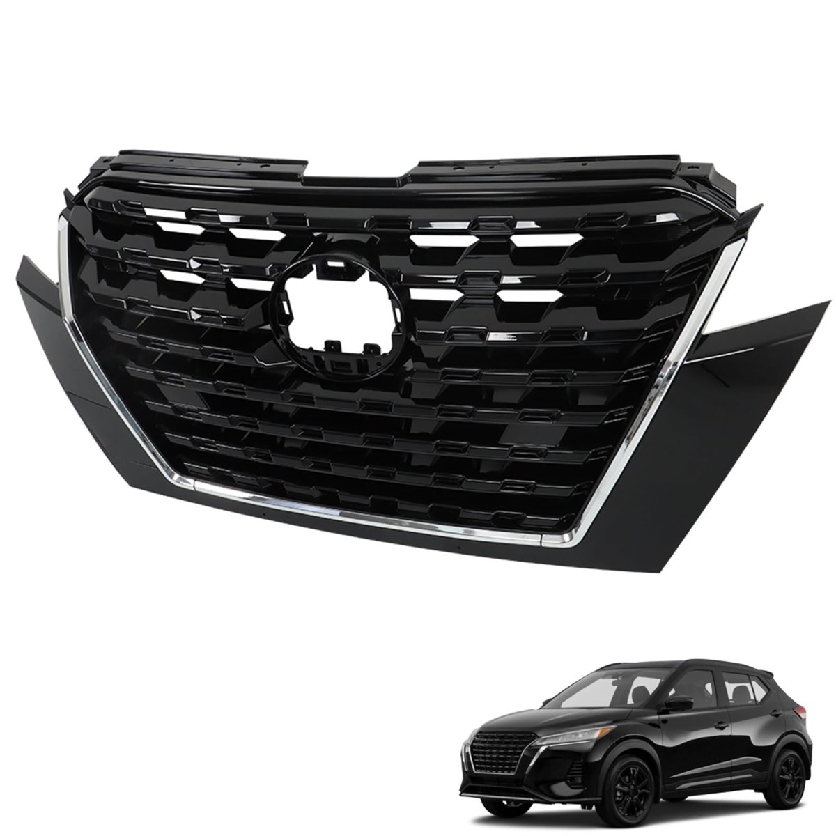 Front Bumper Grille Grill Assembly Upper Replacement For 2021 2022 2023 Kicks Black Abs Plastic With Chrome Finish Direct Fit