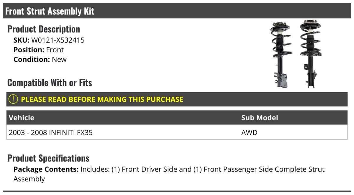 Front Strut And Coil Spring Assembly Kit For 2003 2008 Infiniti Fx35 Awd Driver Passenger Side Pair W0121 X532415