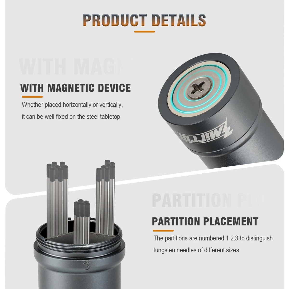 Tungsten Electrode Holder For Tig Welding With 3 Section Divider And Magnetic Base Aluminum Storage Tube Rods Titanium Gray