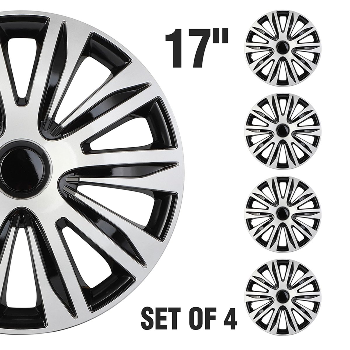 4pcs 17 In Full Hub Cap Wheel Cover Black And Silver Rim Hubcaps With Adjustable Retention System For Various Vehicle Models