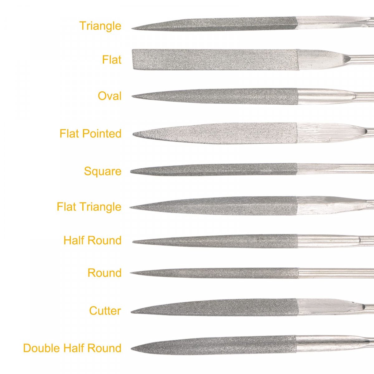 Diamond Needle File Set 5mm X 180mm Handles 10pcs Includes Round Square Cutter Double Half Flat Triangle Oval Pointed