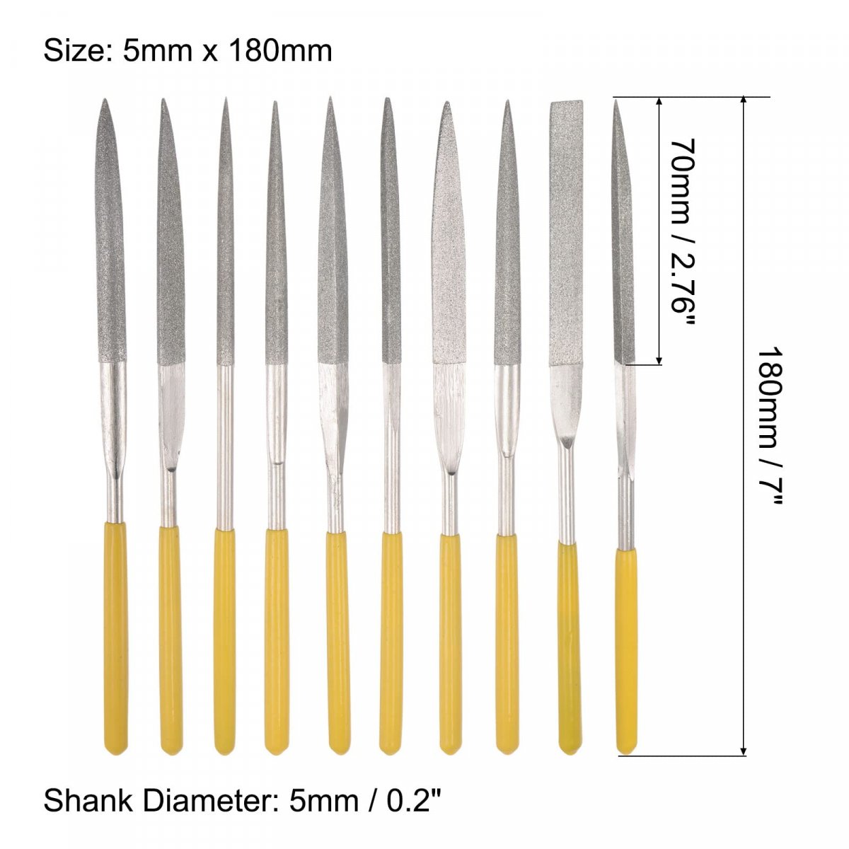 Diamond Needle File Set 5mm X 180mm Handles 10pcs Includes Round Square Cutter Double Half Flat Triangle Oval Pointed