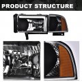 G-plus Headlight Head Lamps Compatible With 1994-2001 Dodge Ram 1500 1994-2002 2500 3500 Clear Lens Black Housing Amber