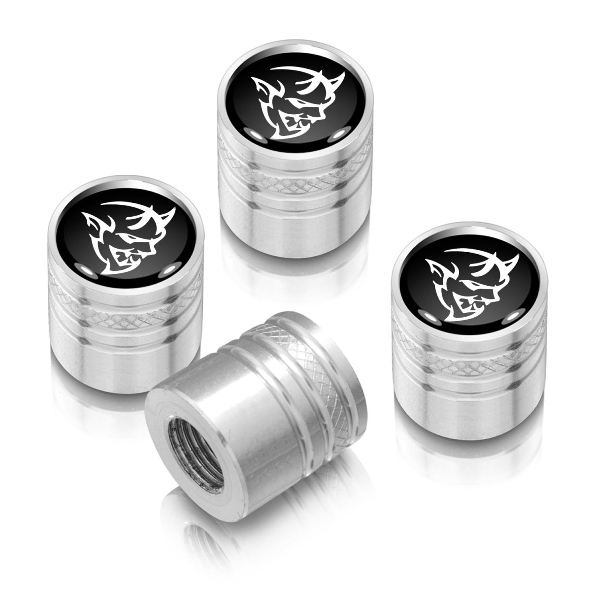 Dodge Demon In Black On Shining Silver Cylinder-style Premium Anodized Aluminum Tire Valve Stem Caps Set Of 4