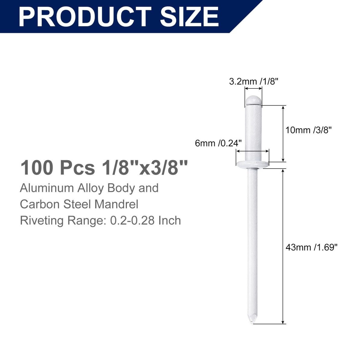 100pcs 1 8 X3 Aluminum Blind Rivets Grip And Steel Mandrel Dome Head Long Split For Metal Furniture Automotive White