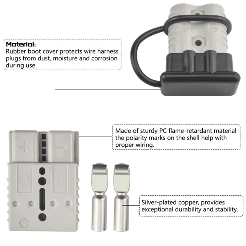 175a Battery Quick Disconnect Connector Plug Kit For Trailer Winch Universal Connect System With Rubber Boot Covers And