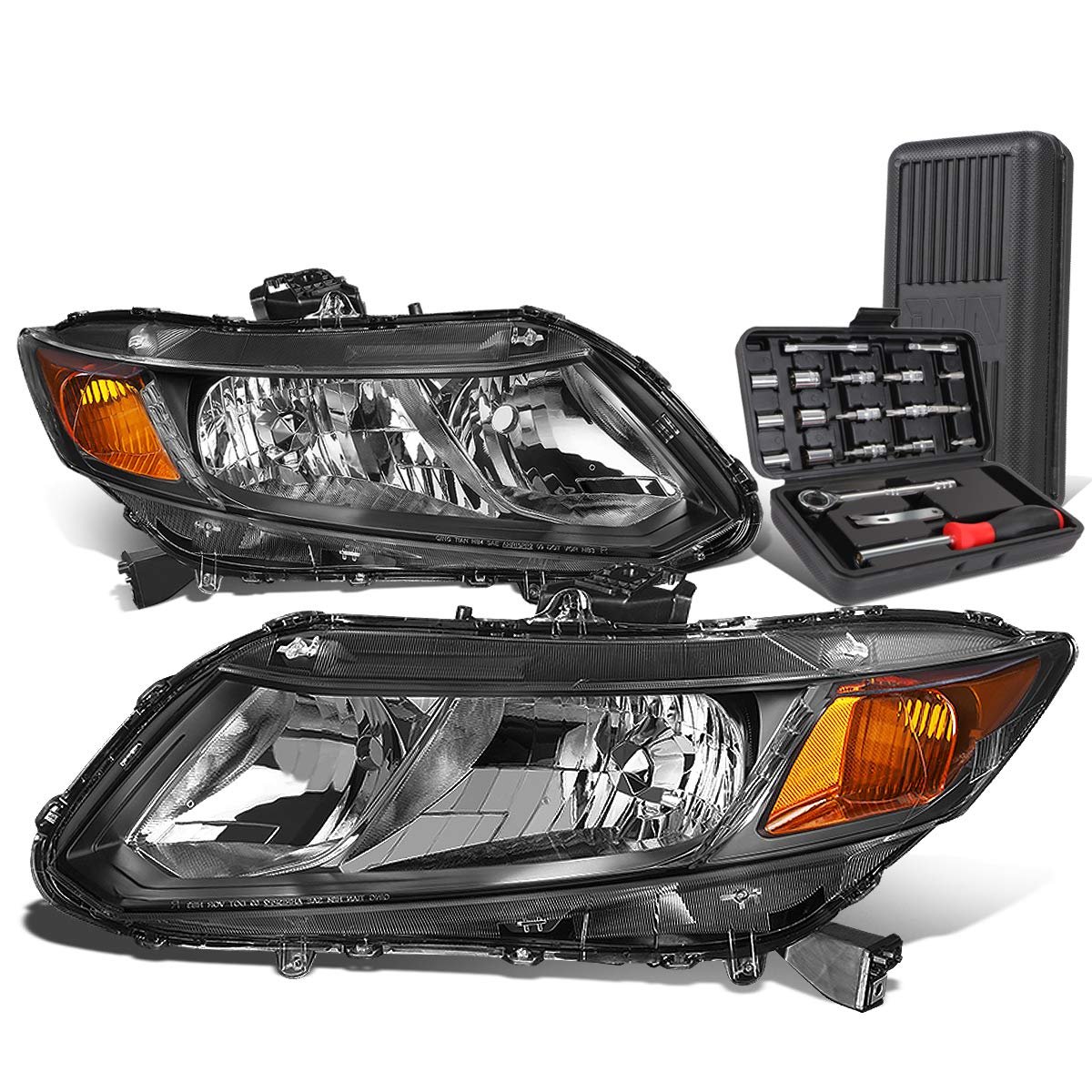 Auto Dynasty Headlights Assembly Bundle With Tool Kit For Honda Civic Sedan 12-15 Coupe 12-13 Driver And Passenger Side Black