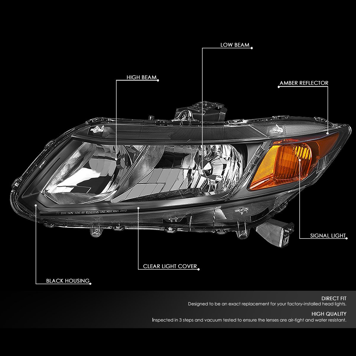 Auto Dynasty Headlights Assembly Bundle With Tool Kit For Honda Civic Sedan 12-15 Coupe 12-13 Driver And Passenger Side Black