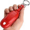 Leather Key Fob Cover And Keychain Case For Porsche Cayenne Panamera Macan 911 718 3 Button Smart Remote Red 