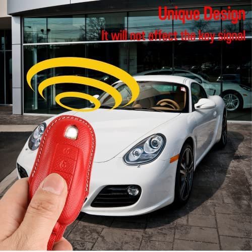 Leather Key Fob Cover And Keychain Case For Porsche Cayenne Panamera Macan 911 718 3 Button Smart Remote Red