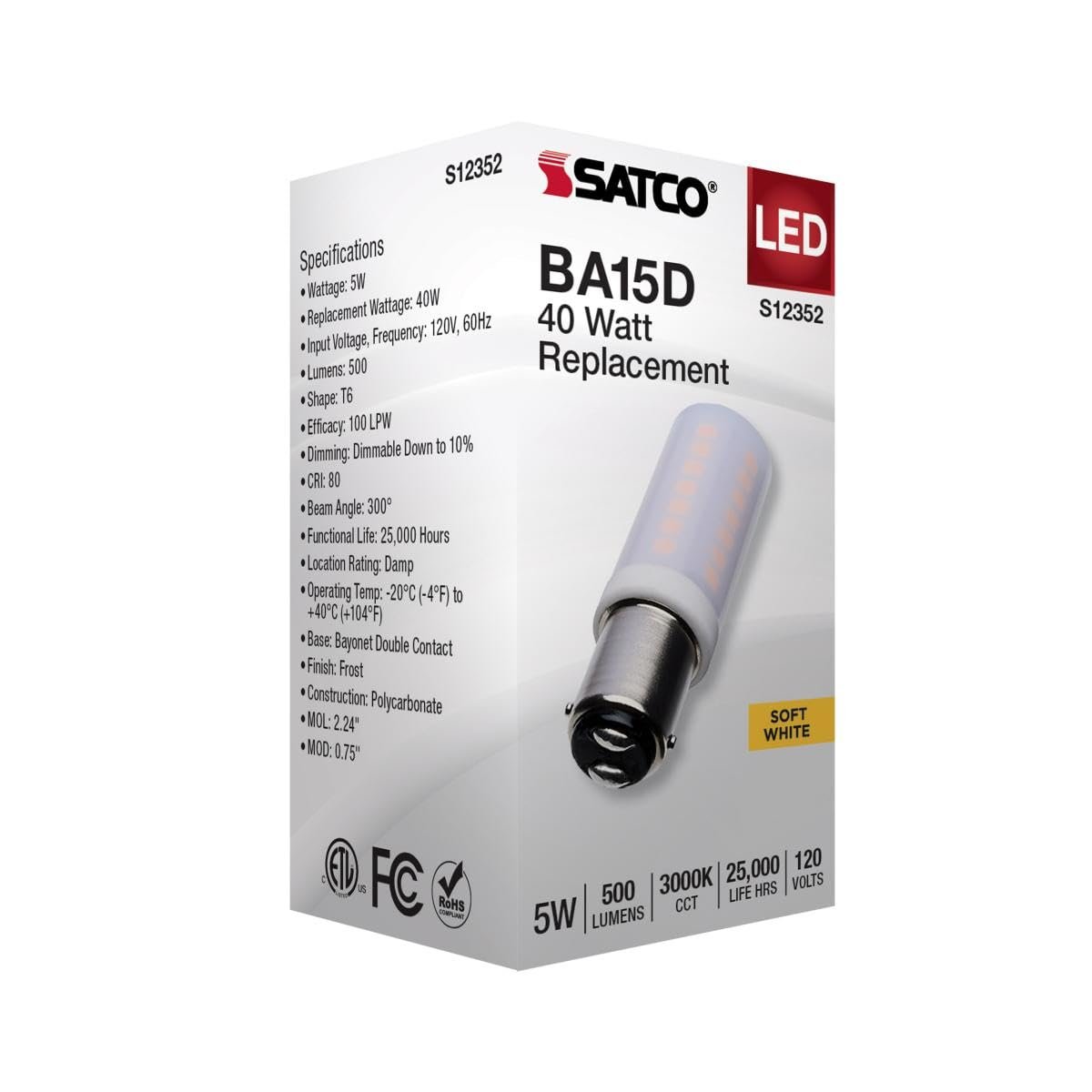 Satco 5w T6 Led 120v Dc Base 3000k Frosted Finish Bulb