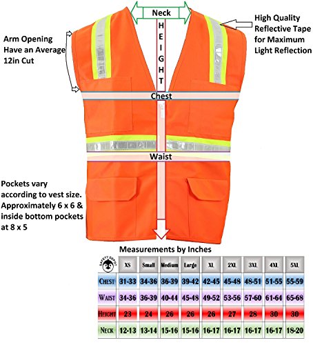 2 Chest Pockets with Pen Dividers 8038-BK Safety Depot Safety Vest High Visibility Reflective Tape with 4 Lower Pockets Black, XL