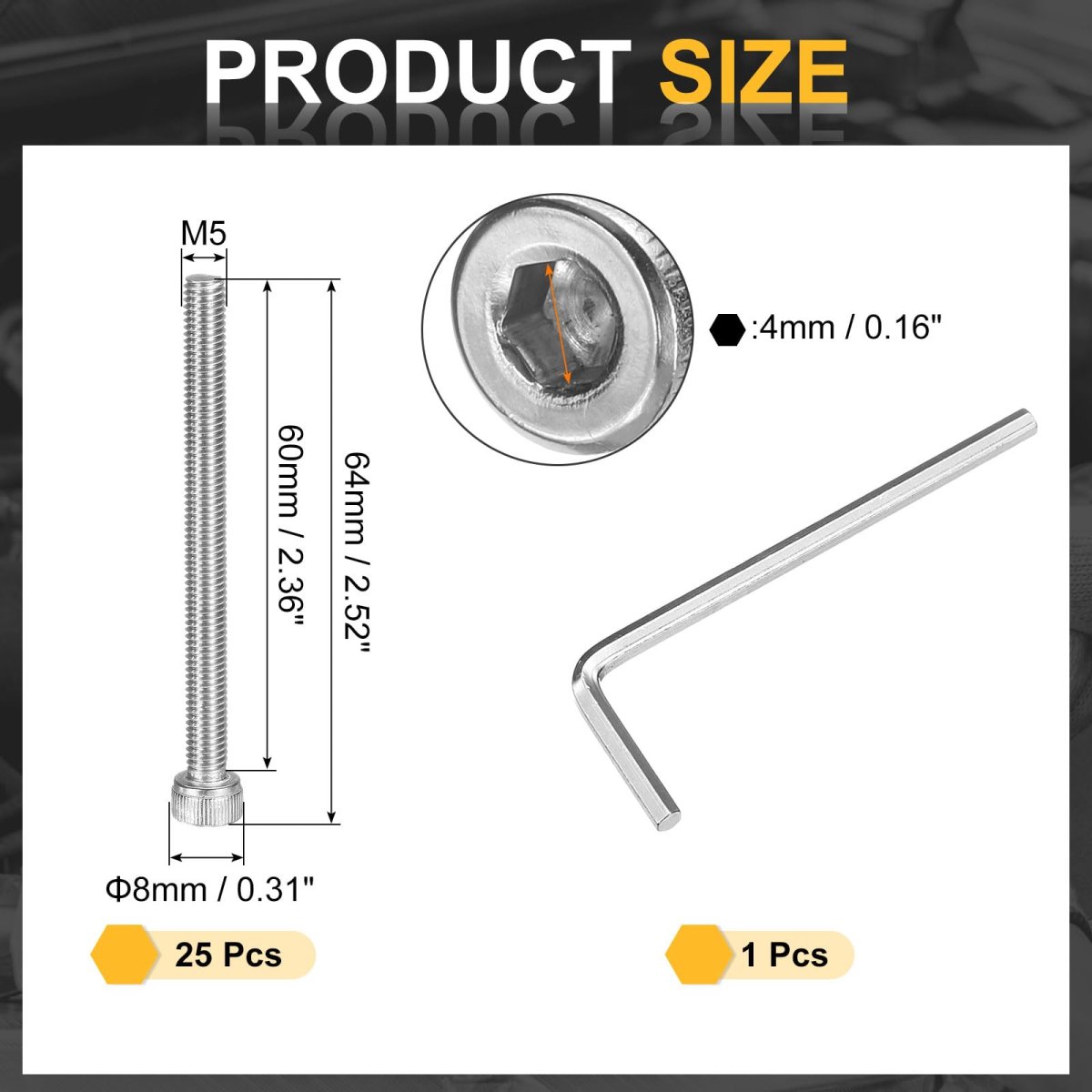 25pcs Hex Socket Head Cap Screws Bolts M5x60mm 304 Stainless Steel Drive Machine With Wrench Full Threaded Silver