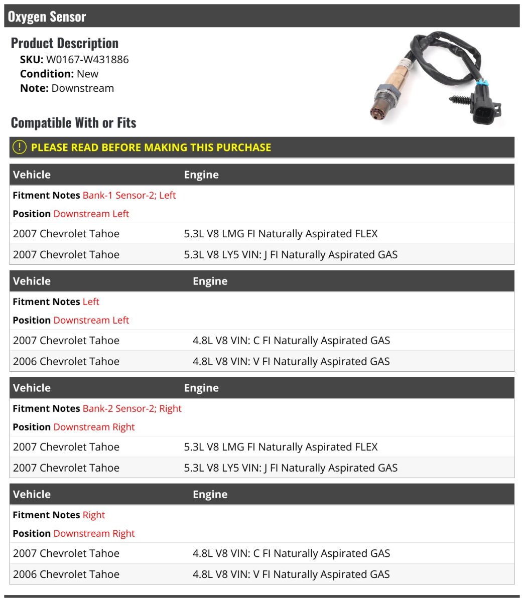 Downstream Oxygen Sensor For 2006007 Chevy Tahoe 4 8l And 5 3l V8 Engines Fits Bank 1 2 2 Positions W0167-w431886