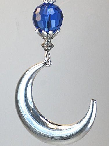Large Moroccan Silver Crescent Moon Cobalt Blue Faceted Glass Ceiling Fan Pull Chain