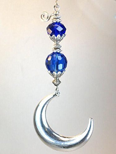 Large Moroccan Silver Crescent Moon Cobalt Blue Faceted Glass Ceiling Fan Pull Chain