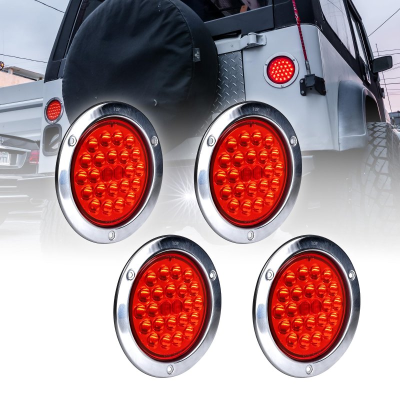 True Mods 4pc 4 Inch Round Led Trailer Tail Lights Dot Certified Stainless Steel Chrome Bezel Connector Plug Included Stop