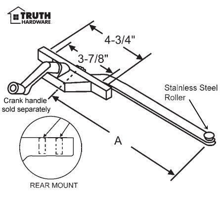 Casement Window Operator Left Hand Rear Mount Stainless Steel Roller Bronze 13-1 2 Long Arm