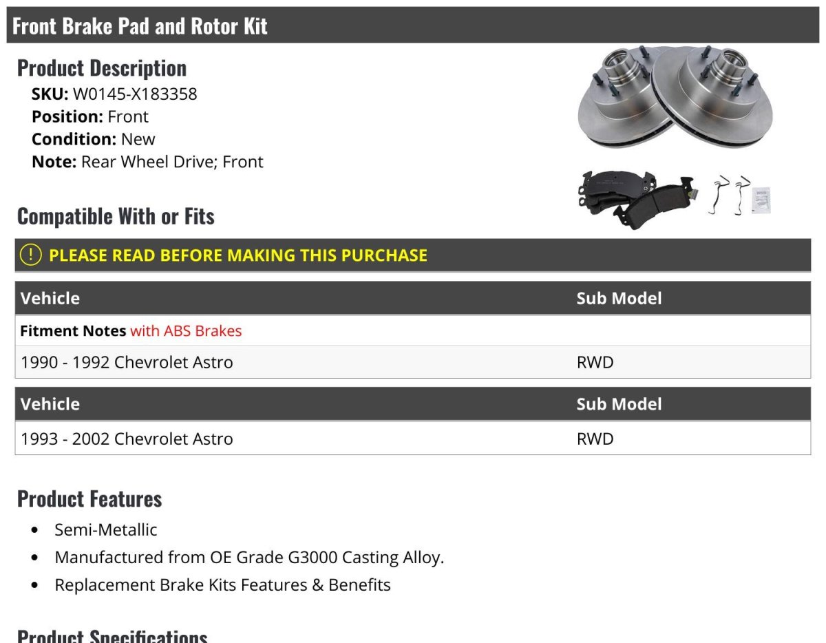 Front Semi Metallic Brake Pad And Rotor Kit For 1990 To 2002 Chevy Astro Rwd Position With Abs Brakes