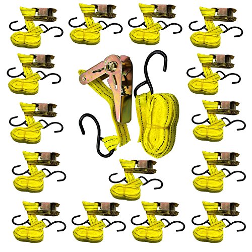 16 Pc Ratchet Tie Down Bulk Set- Cargo Straps With S Hooks For Moving Motorcycles And Securing