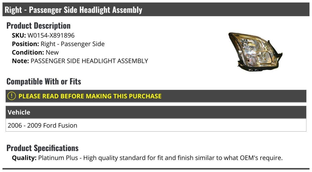 Right Passenger Side Headlight Assembly For 2006-2009 Ford Fusion