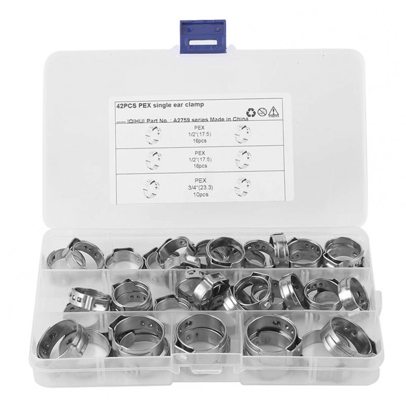 42pcs Single Ear Hose Clamps Stainless Steel Cinch Clamp Rings Kit For Pex Tubing Pipe Fitting Connections With Storage Box