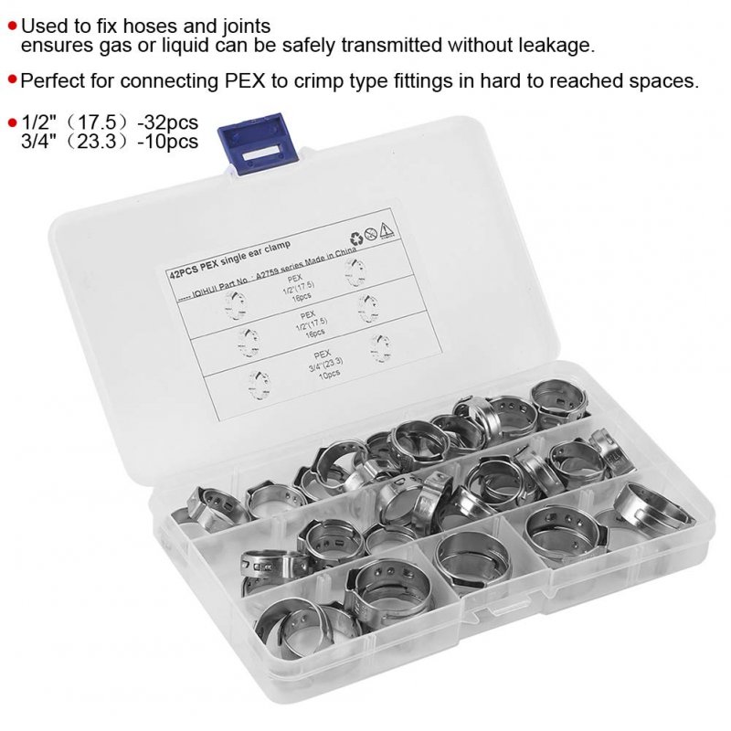 42pcs Single Ear Hose Clamps Stainless Steel Cinch Clamp Rings Kit For Pex Tubing Pipe Fitting Connections With Storage Box